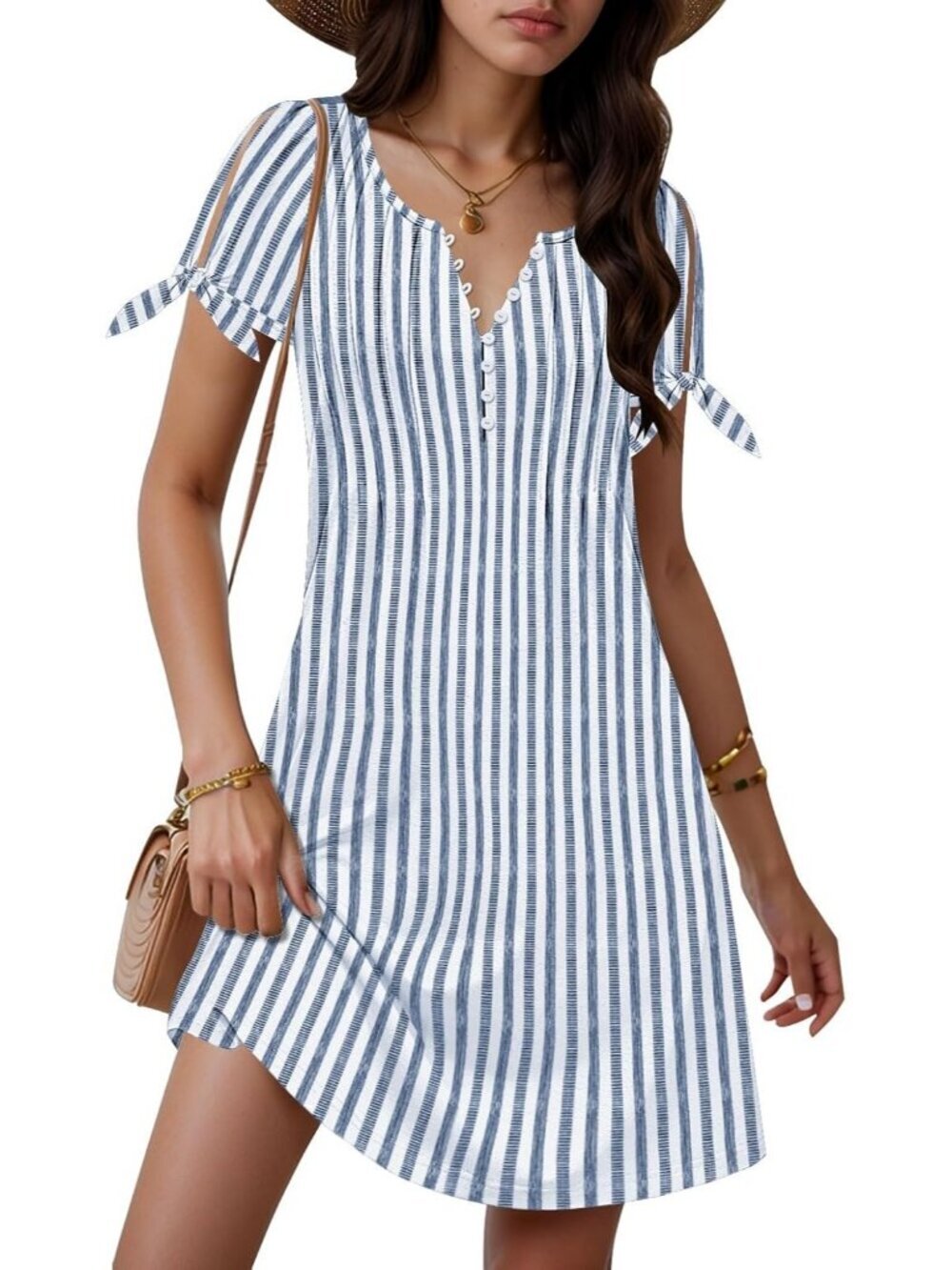 Women's Striped Navy Cover Short Sleeve Summer Neck Button Down Boho Mini Dress